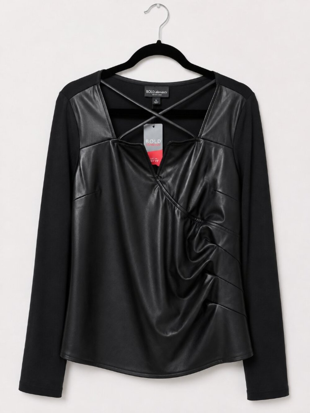 Women Size L Black Faux Leather Ruched Long Sleeve Top NWT BOLD Elements